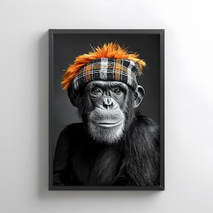 May include: A framed black and white portrait of a chimpanzee wearing a plaid hat with orange faux hair. The chimpanzee has a serious expression and is centered in the frame. The background is a dark gray.