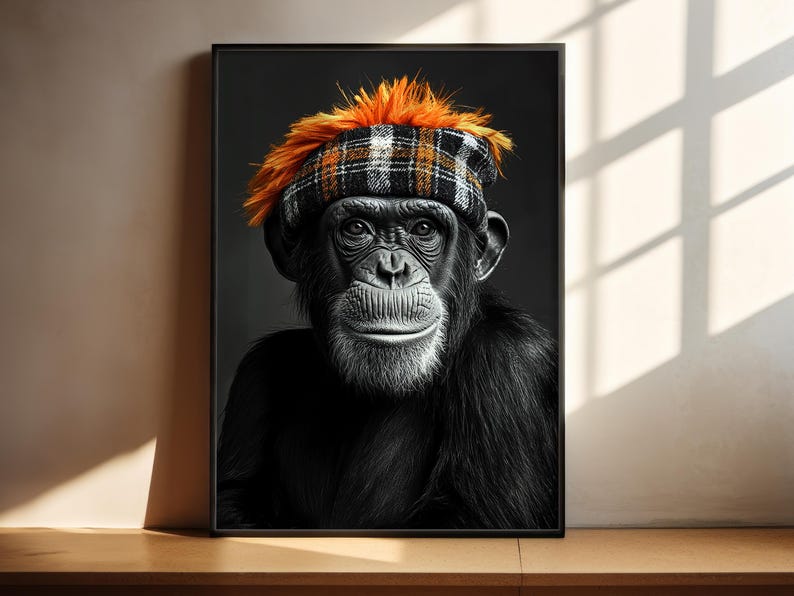 Printable Chimpanzee Wall Art Print, Punk Chimp With Orange Mohawk ...