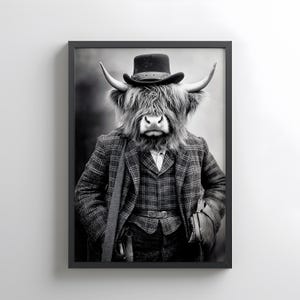 Highland Cow Gentleman Print, Victorian Cow Portrait, Black White Vintage Cow Wall Art, Scottish Animal Decor, Digital Download, Dapper Cow