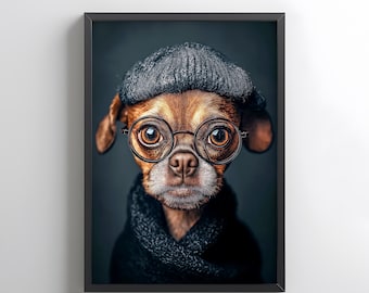 Lustiges Hundeporträt als Kunstdruck – Schrulliges Haustier mit Brille (Digitaler Download)