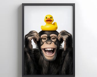 Funny Chimpanzee Wall Art Digital Download Chimp with Rubber Duck, Quirky Animal Printable Decor, Instant Download Poster, Animal Lover Gift