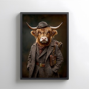 Highland Cow Gentleman Print, Vintage Highland Cow Portrait, Scottish Cow Wall Art, Farmhouse Animal Decor Digital Download, Cow Lover Gift