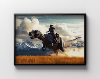 Impresión digital de vaquero T-Rex peculiar, arte mural de dinosaurio del oeste, decoración de rodeo imprimible, póster para habitación infantil, descarga instantánea, decoración rústica para el hogar