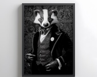 ビクトリア朝風アナグマの肖像画、粋な動物のプリント、野生動物のウォールアート（デジタルダウンロード）