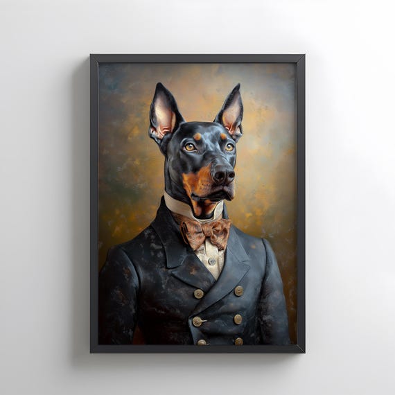 ビクトリア朝時代のドーベルマン紳士の肖像画プリント、擬人化された犬