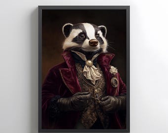 ヴィクトリア朝時代のアナグマ紳士の肖像画、ゴシック調の動物プリント（デジタルダウンロード）