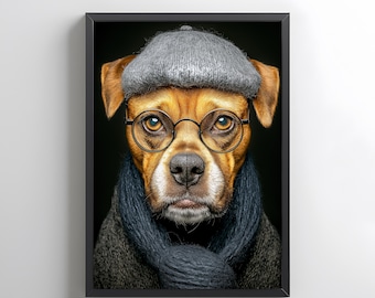Lustiger Hundeporträt-Druck – Hund in Kleidung, skurrile Wandkunst (Digitaler Download)