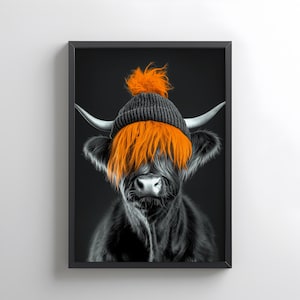 Quirky Highland Cow Portrait, Printable Wall Art, Cute Farmhouse Animal Decor, Instant Digital Download Whimsy Poster, Animal Lover Gift