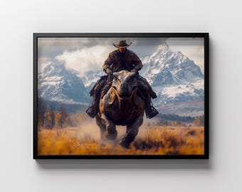 Impresión digital de dinosaurio vaquero, arte mural de T-Rex del oeste, decoración de vaquero imprimible, póster para habitación infantil, descarga instantánea, impresión retro jurásica