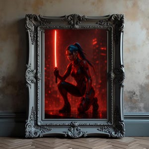 Pôster futurista cyberpunk, arte de parede moderna para jogadores, decoração neon de ficção científica, peça de destaque para sala de jogos ou estética de casa com tema de tecnologia