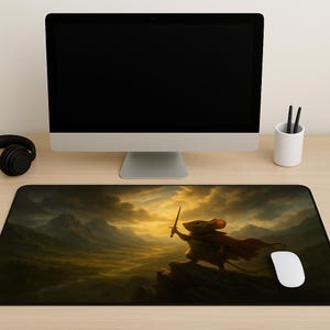 Fantasy Mouse Warrior Desk Mat Cute RPG Gaming Mouse Pad for Gamers Whimsical Battle Art Gift for DnD Fans Kids and Fantasy Lovers