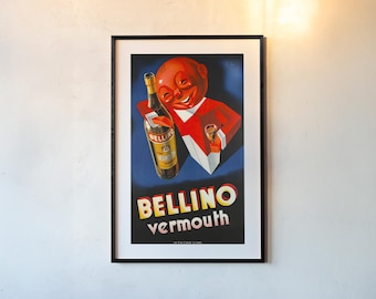 May include: Framed vintage advertisement for Bellino vermouth. The poster features a smiling red figure holding a bottle and a glass of vermouth against a blue background. The word "BELLINO" is in large yellow letters, with "vermouth" below.