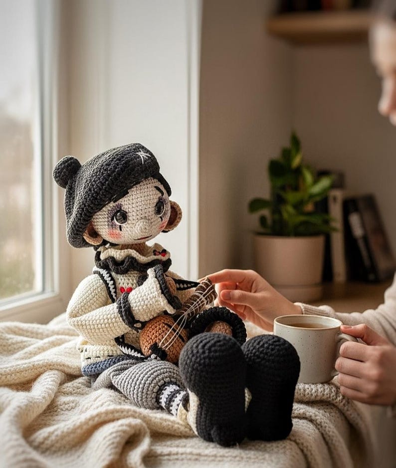 May include: A handmade crochet doll dressed as a musician, wearing a black hat with a white star, a white and black outfit, and black shoes. The doll is holding a small brown instrument. The doll is sitting on a cream-colored blanket.