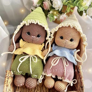 Könnte beinhalten: Zwei handgefertigte Häkelkaninchen-Puppen in einem Weidenkorb. Ein Hase trägt ein gelbes Kleid und grüne Shorts, der andere ein blaues Kleid und rosa Shorts. Beide haben passende Hüte und sind von Blumen umgeben.