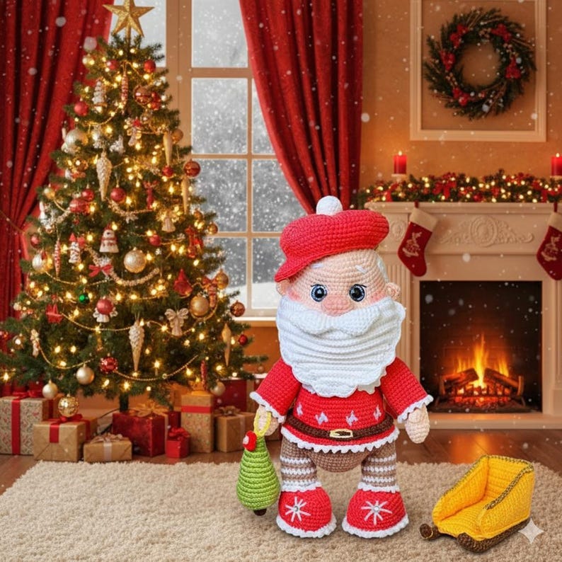 Puede incluir: Mu&ntilde;eco de Pap&aacute; Noel tejido a ganchillo con gorro y traje rojos, barba blanca y pantal&oacute;n marr&oacute;n. El mu&ntilde;eco sostiene un peque&ntilde;o &aacute;rbol de Navidad verde. Un &aacute;rbol de Navidad decorado y una chimenea est&aacute;n en el fondo.