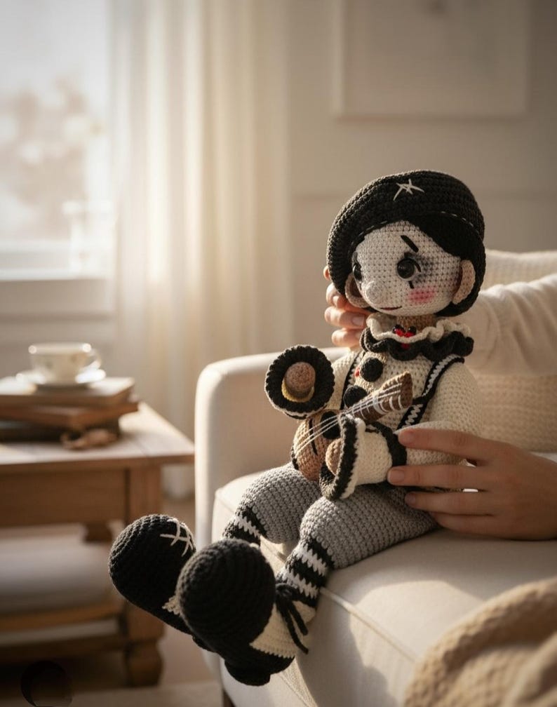 May include: A handmade crochet doll dressed as a musician, wearing a black beret with a white star, a white and black outfit, and striped gray pants. The doll is holding a small brown instrument with strings.