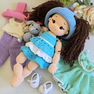 Crochet doll for sale, Crochet Doll, knitted doll with clothes, knitted doll with wardrobe, knitted doll with a set of clothes, amigurumi