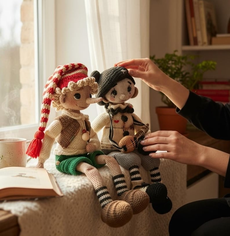 May include: Two handmade crochet dolls, one with a red and white striped hat and long nose, the other with a black hat. Both dolls are sitting on a windowsill. The doll with the red hat has a green shorts and brown vest.