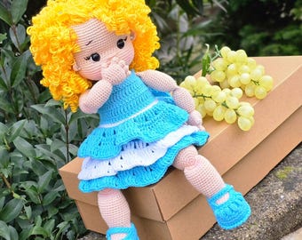 Grote gehaakte pop, gehaakte pop te koop, amigurumi pop, handgemaakte pop, gehaakte krullenpop, gehaakte pop