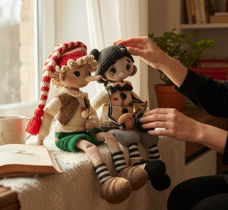 May include: Two handmade crochet dolls, one with a red and white striped hat and the other with a black hat. The dolls are sitting on a window sill. The doll on the left has a long nose, green shorts, and a brown vest.