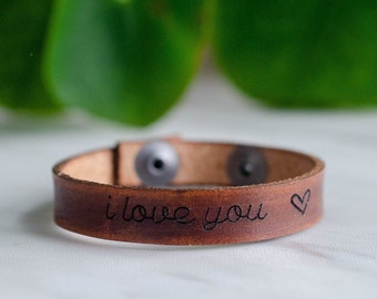 I Love You Leather Cuff with Adjustable Snap Closure - Custom Leather Bracelet