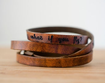 Personalized Leather Bracelet Cuff Women \u2022 Custom Words Leather Cuff \u2022 Unique Leather Bracelet \u2022 Inspirational Gift \u2022 Brown Embroidered Cuff