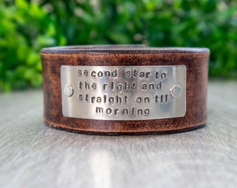 Peter Pan Second Star to the Right Adjustable Leather Snap Cuff with Hand Stamped Metal Plate