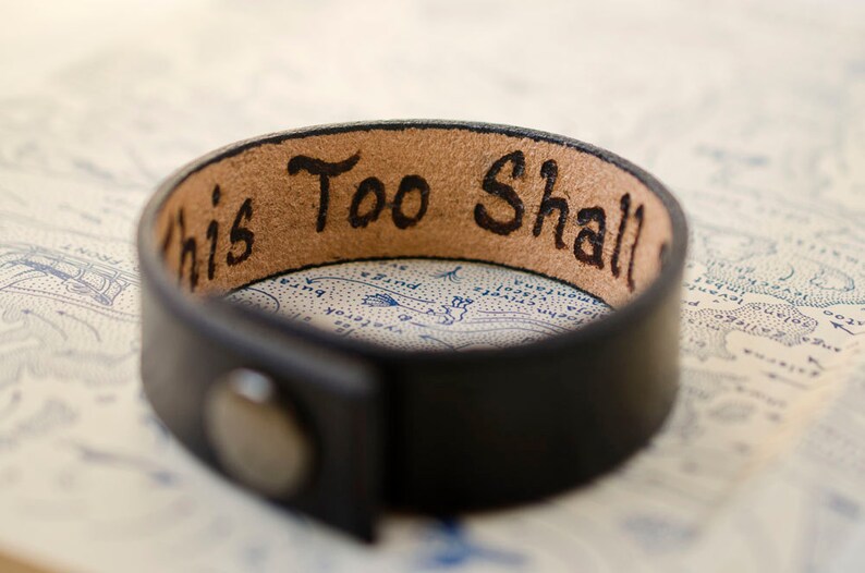 This Too Shall Pass 3/4 inch wide Minimal Black Leather Cuff with Custom Secret Message Hidden Inside image 3