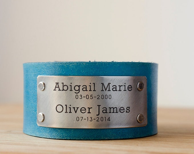 Childrens Names and  Birthdays on Distressed Leather Cuff