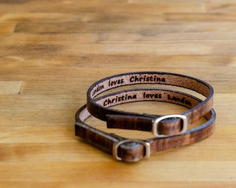 His and Hers  Love Single Wrap Leather Bracelets - Set of Two