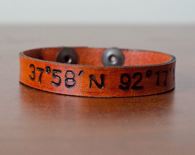 Skinny Latitude and Longitude Leather Cuff with Adjustable Snap Closure