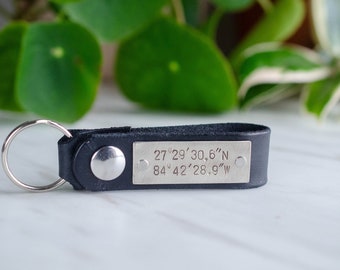 Personalized Leather Key Chain Accessory, Anniversary Gift, Custom Keychain, Wedding Gift, Latitude and Longitude Custom Leather Keychain
