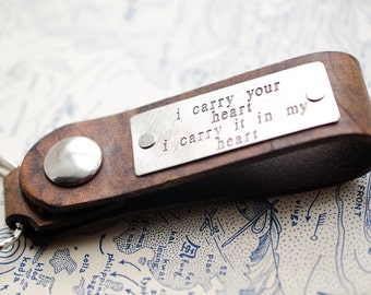 I carry your heart Personalized Leather Key Chain Accessory, Anniversary Gift, Custom Keychain, Wedding Gift, ee cummings