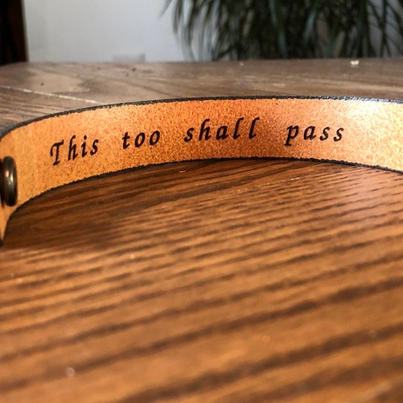 This Too Shall Pass 3/4 inch wide Minimal Black Leather Cuff with Custom Secret Message Hidden Inside image 6