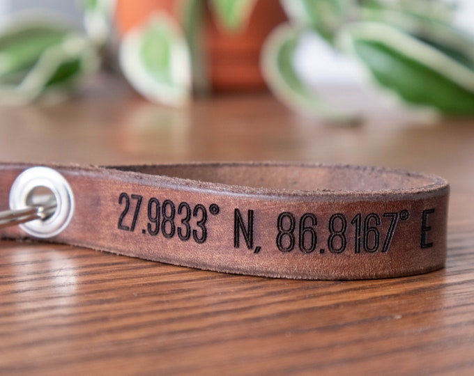 Where We Met - Coordinate Latitude and Longitude Leather Keychain - Customize with Your Location