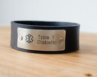 Medic Alert Custom Text on Minimal Black Leather Cuff Type 1 Diabetic