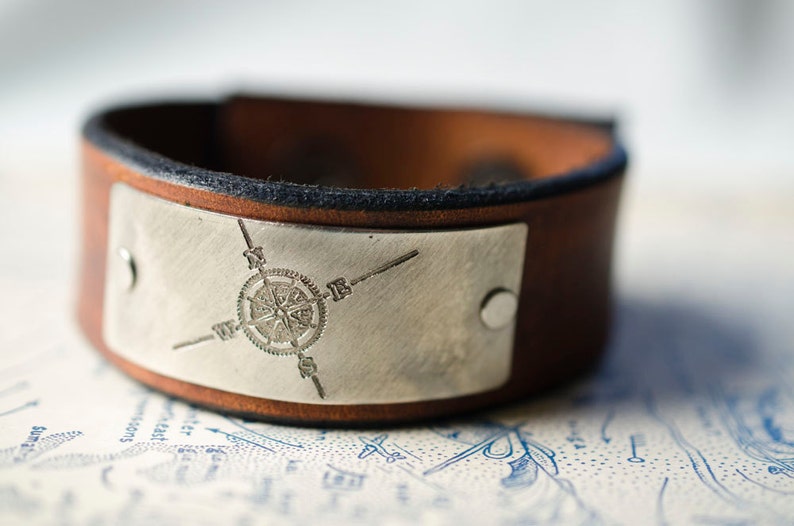 Compass Rose Leather Snap Cuff with Engraved Metal Plate Etsy