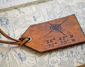 Travel Leather Luggage Tag, Custom Leather Tag, Personalized Luggage Tag, Compass Rose Latitude Longitude- Hand Carved Leather Luggage Tag