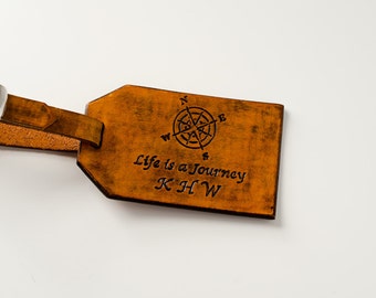 Travel Leather Luggage Tag, Custom Leather Tag, Personalized Luggage Tag, Compass Rose Latitude Longitude- Hand Carved Leather Luggage Tag