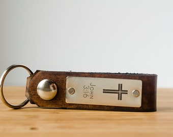 Scripture Cross  Custom Leather Keychain John 3:16