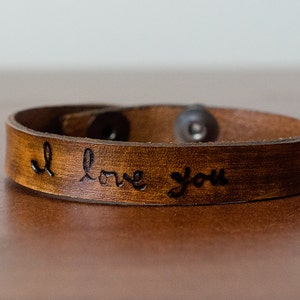 Handwritten I Love You Leather Cuff with Adjustable Snap Closure Custom Leather Bracelet image 3