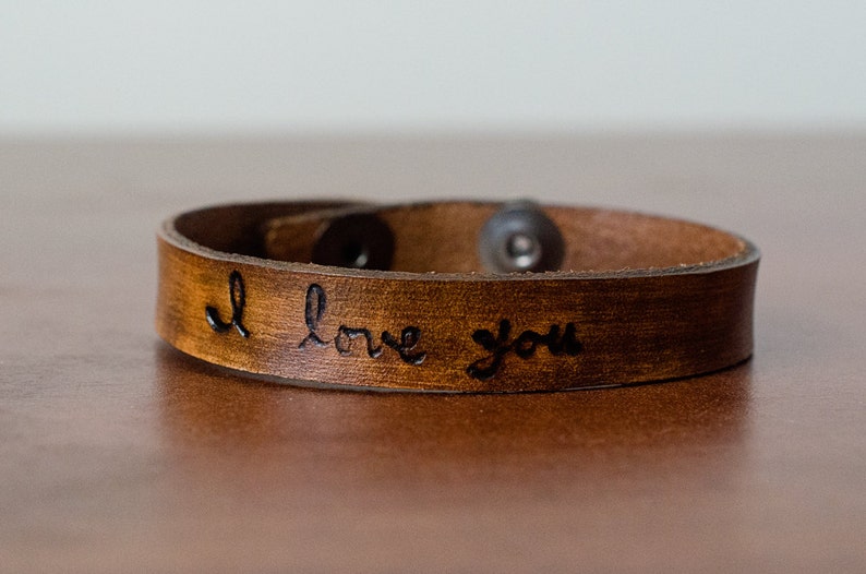 Handwritten I Love You Leather Cuff with Adjustable Snap Closure Custom Leather Bracelet image 3