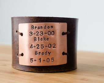 Hand Stamped Child's Name and Birth Date Custom Text on Wide Distressed Leather Cuff