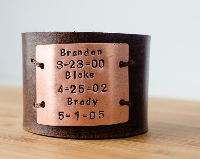 Hand Stamped Child's Name and Birth Date Custom Text on Wide Distressed Leather Cuff