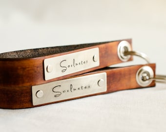 Soulmates Set of Two  Skinny Leather Key Chains- Personalized Leather Key Chain Accessory, Anniversary Gift, Custom Keychain, Wedding Gift,