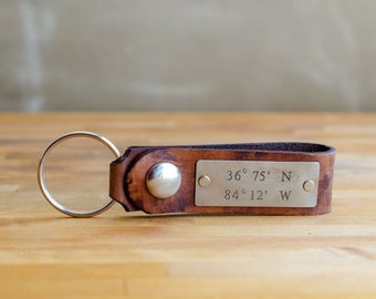 Nautical Coordinates Leather Key Chain- Anniversary Gift or Wedding Gift, Latitude and Longitude