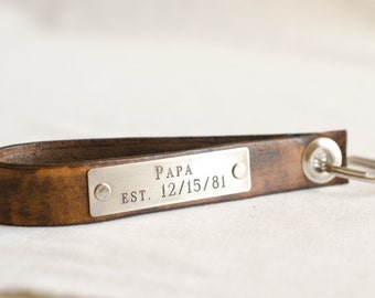 Papa Keychain Personalized Leather Key Chain, Anniversary Gift, Custom Keychain, Wedding Gift, Skinny Leather Key Chain