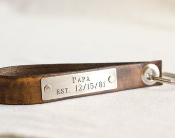 Papa Keychain Personalized Leather Key Chain, Anniversary Gift, Custom Keychain, Wedding Gift, Skinny Leather Key Chain