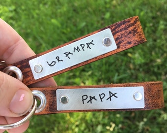 Grandpa Papa Kid Handwriting Custom Leather Keychain