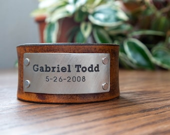 Childrens Names and  Birthdays on Distressed Leather Cuff